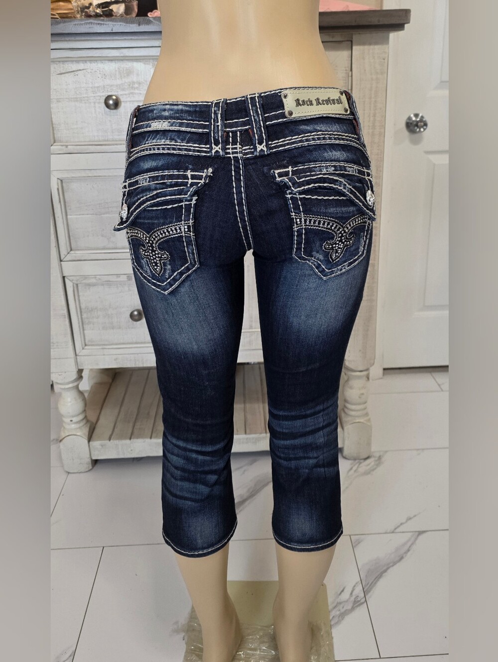 Rock Revival Women's Dark Blue Embellished Capri Jeans